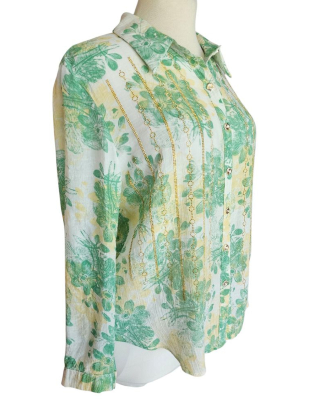 Ana & Rose Green Floral Button Down Shirt Women's L Gold Embellished Blouse - Picture 3 of 13